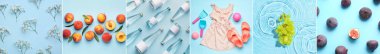 Beautiful summer collage on blue background, top view