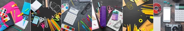 Set School Supplies Dark Background Top View — 图库照片