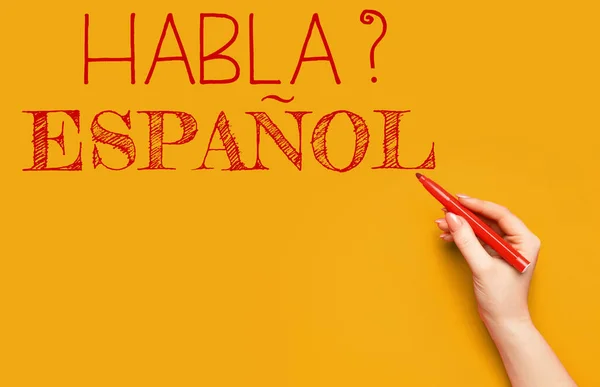 Hand Writing Text Habla Espanol You Speak Spanish Orange Background — ストック写真