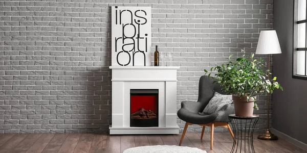 Interior Modern Living Room Armchair Houseplant Fireplace — Stock Photo, Image