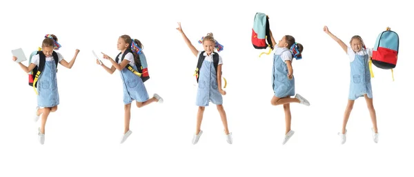 Set Jumping Little Schoolgirl White Background — Stockfoto