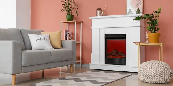 Modern Fireplace Sofa Pouf Interior Living Room — Stockfoto