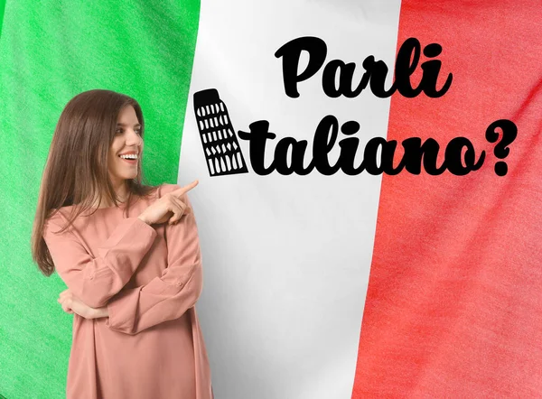 Portrait Young Woman Text Parli Italiano You Speak Italian Flag — Zdjęcie stockowe