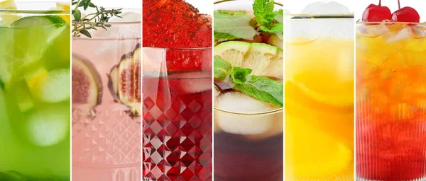 Collage Con Molti Cocktail Diversi Primo Piano — Foto Stock