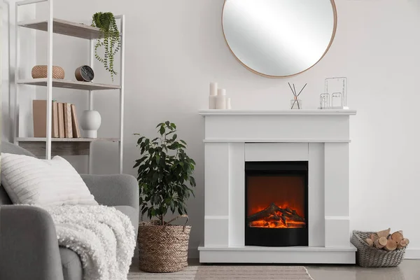 Interior Light Living Room Fireplace Shelving Unit Mirror — Stockfoto