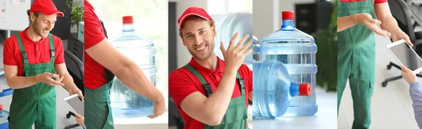 Collage Con Mensajero Entregando Botellas Agua —  Fotos de Stock