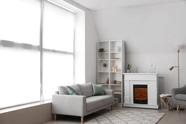 Interior Light Living Room Fireplace Shelving Unit Sofa — Stockfoto