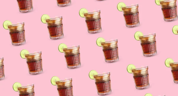 Glasses Tasty Cuba Libre Cocktail Pink Background Pattern Design — Stockfoto