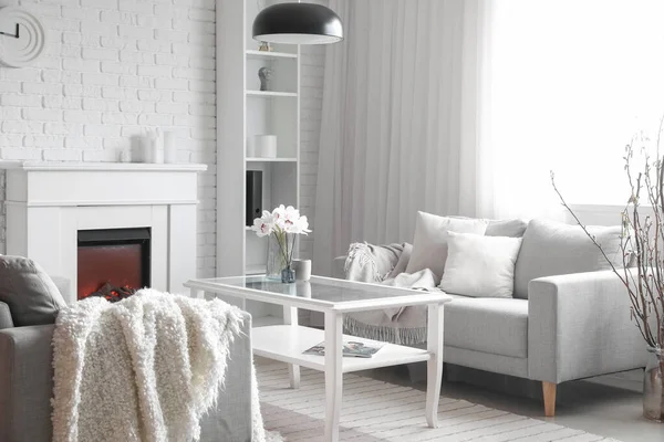 Interior Light Living Room Grey Sofas Table Fireplace — 스톡 사진