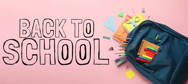 Backpack Stationery Text Back School Pink Background — 스톡 사진