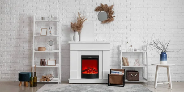 Interior Modern Living Room Fireplace Shelf Units — Stock Photo, Image