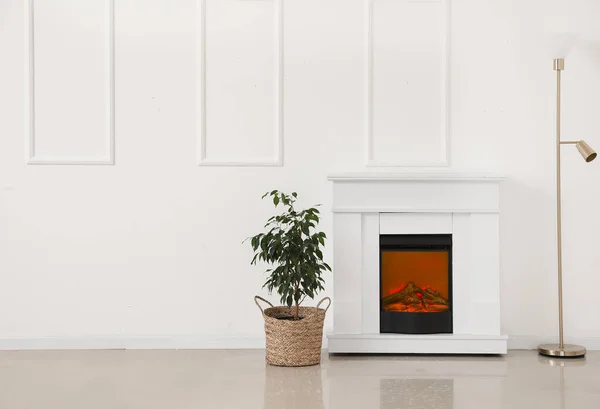 Modern Fireplace Standard Lamp Houseplant Light Wall — Stock Photo, Image