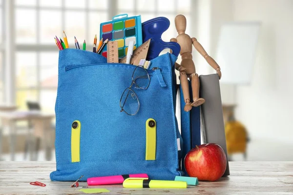 School Backpack Stationery Wooden Human Figurine Apple Table Classroom — Stock Fotó