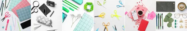 Colagem Material Escolar Sobre Fundo Branco Flat Lay — Fotografia de Stock