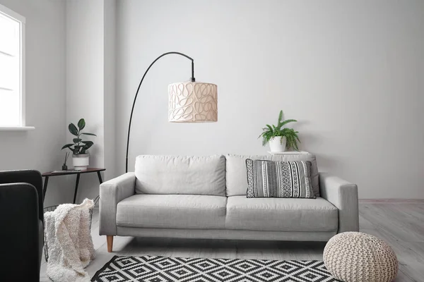 Interior Light Living Room Grey Sofa Standard Lamp Houseplants — Stock Photo, Image