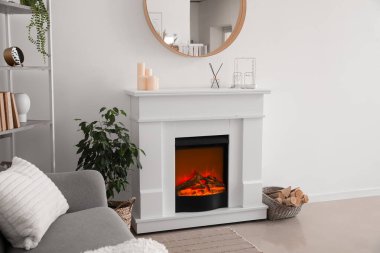 Şömineli, raflı ve aynalı bir oturma odası.