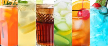 Çok farklı kokteyllerle kolaj, yakın plan.
