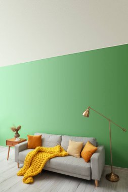 Gri kanepe, vazo ve fincanla yeşil duvarın yanında.
