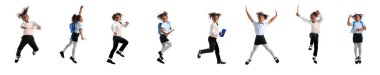 Set of jumping little African-American schoolgirl on white background