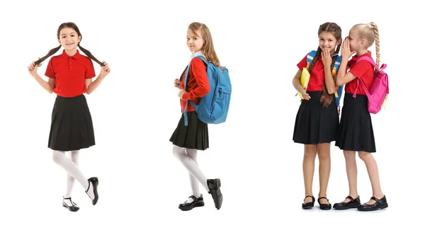 Set Cute Little Schoolgirls White Background — Stock Photo, Image