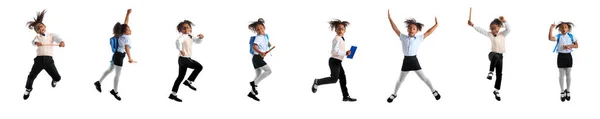 Set Jumping Little African American Schoolgirl White Background — Stockfoto