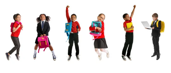 Set Funny Jumping Schoolchildren White Background — Stockfoto