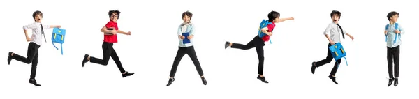 Set Jumping Little Schoolboy White Background — Φωτογραφία Αρχείου