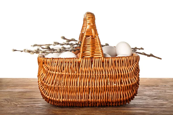 Wicker Basket Chicken Eggs Pussy Willow Branches Wooden Table White — ストック写真