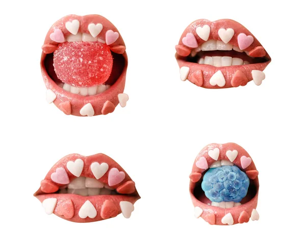 Set Beautiful Female Lips Sprinkles Candies White Background — Foto Stock