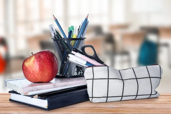 Set School Supplies Apple Table Classroom — ストック写真