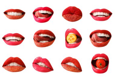Beyaz arkaplanda kırmızı kadın dudakları.