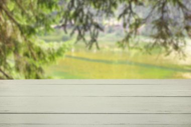 Ormandaki gölün yakınındaki boş tahta masa. Tasarım için model