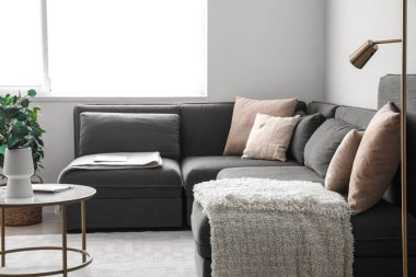 Oturma odasında yastıkları olan rahat siyah bir kanepe.