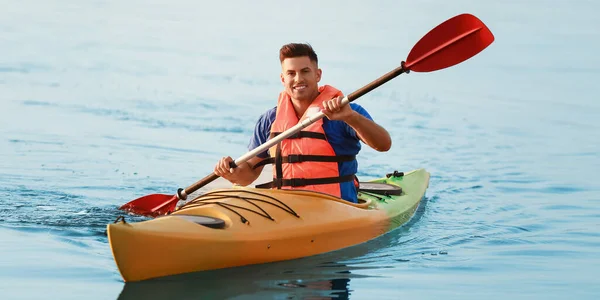 Young Man Kayaking River Summer Day — ストック写真