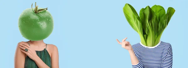 People Green Vegetables Instead Heads Blue Background Space Text — Stock Fotó