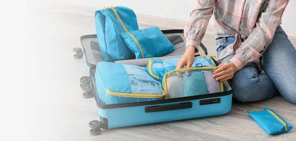 Woman Packing Suitcase Home Banner Design — Stock Photo, Image