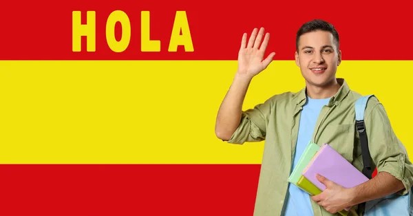 Portrait Male Student Word Hola Hello Flag Spain — Zdjęcie stockowe