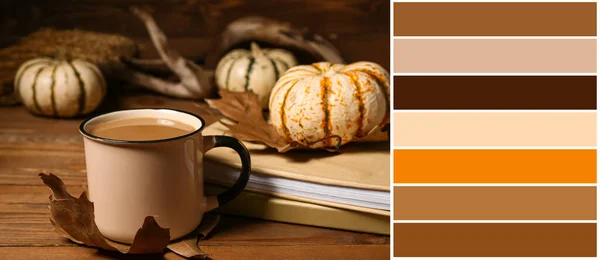 Cup of tasty coffee, books and autumn pumpkins on wooden background. Different color patterns