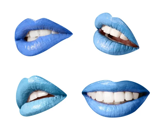 Set Beautiful Blue Female Lips White Background — Fotografia de Stock