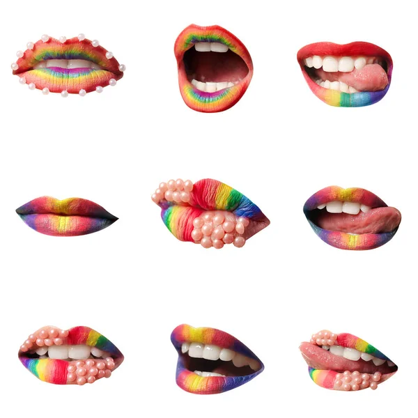 Set Rainbow Female Lips White Background — Foto Stock