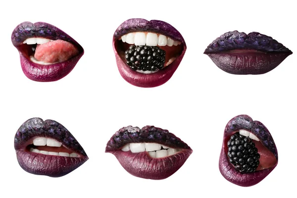 Zestaw Pięknych Kobiecych Ust Kreatywnym Makijażem Jeżyną Białym Tle — Zdjęcie stockowe