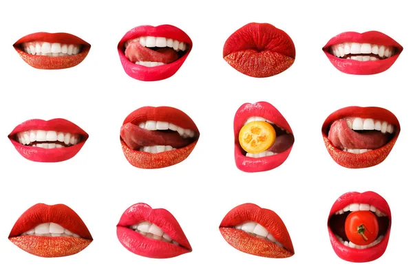 Set Red Female Lips White Background — 图库照片