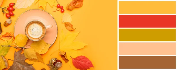 Beautiful Autumn Composition Cup Coffee Fallen Leaves Yellow Background Different — Stock Photo, Image