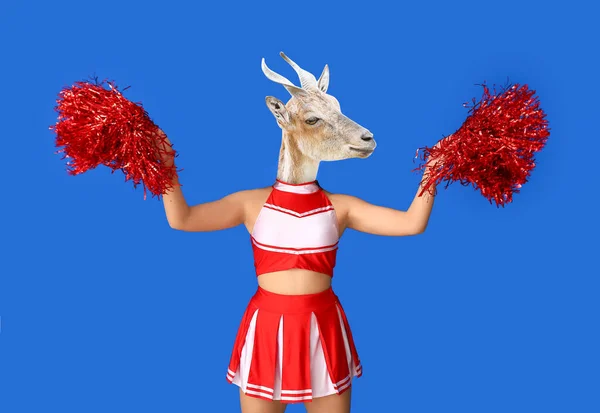 Female Cheerleader Head Goat Blue Background — Stock Fotó