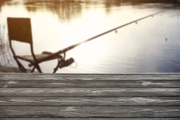 Empty Wooden Table Fishing Rod Chair Lake Mockup Design — 图库照片