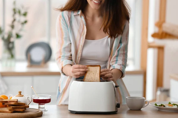 Beautiful Young Asian Woman Making Tasty Toasts Kitchen — Stock Photo, Image