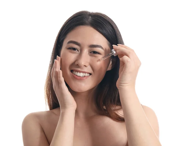 Young Asian Woman Cosmetic Serum Isolated White — Fotografia de Stock