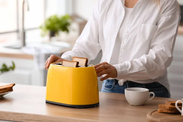 Mature Woman Making Tasty Toasts Kitchen — Stock Photo, Image