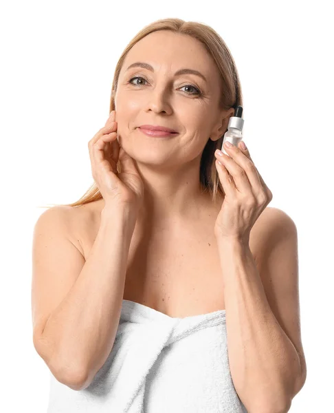 Mature Woman Cosmetic Serum Isolated White — Stockfoto