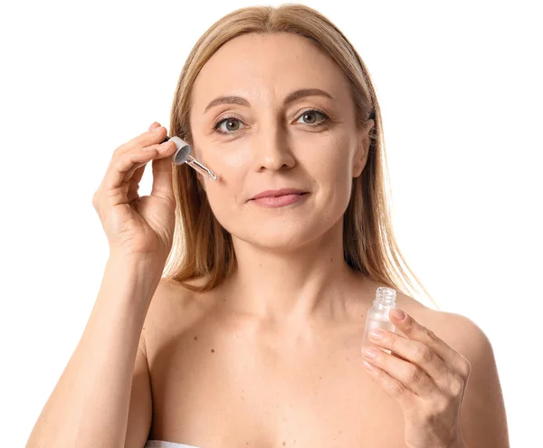 Mature Woman Cosmetic Serum Isolated White — Stockfoto